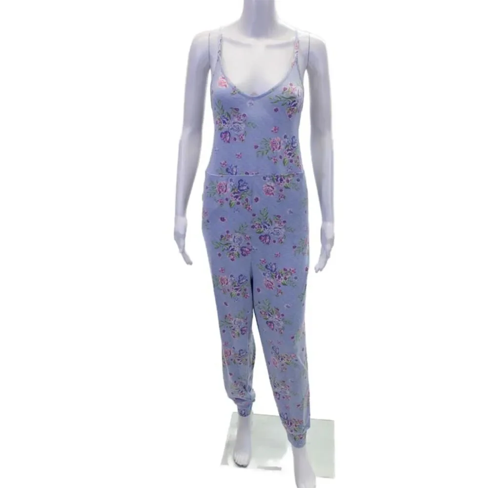 You Say Womens Floral Print Pocketed Spaghetti Strap Jumpsuit Blue Size M